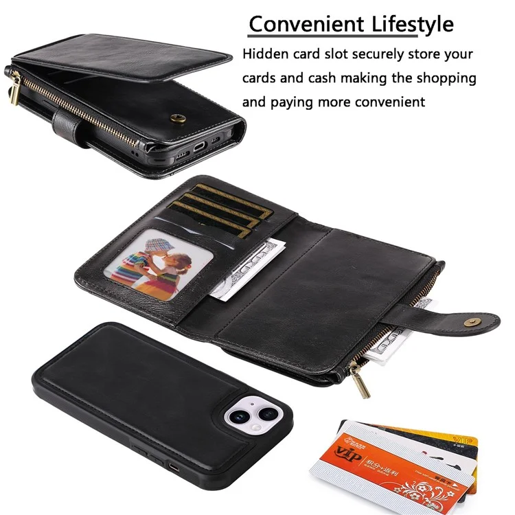 For iPhone 14 Plus Magnetic Case Detachable PU Leather Zipper Wallet Cover - Blackish Green