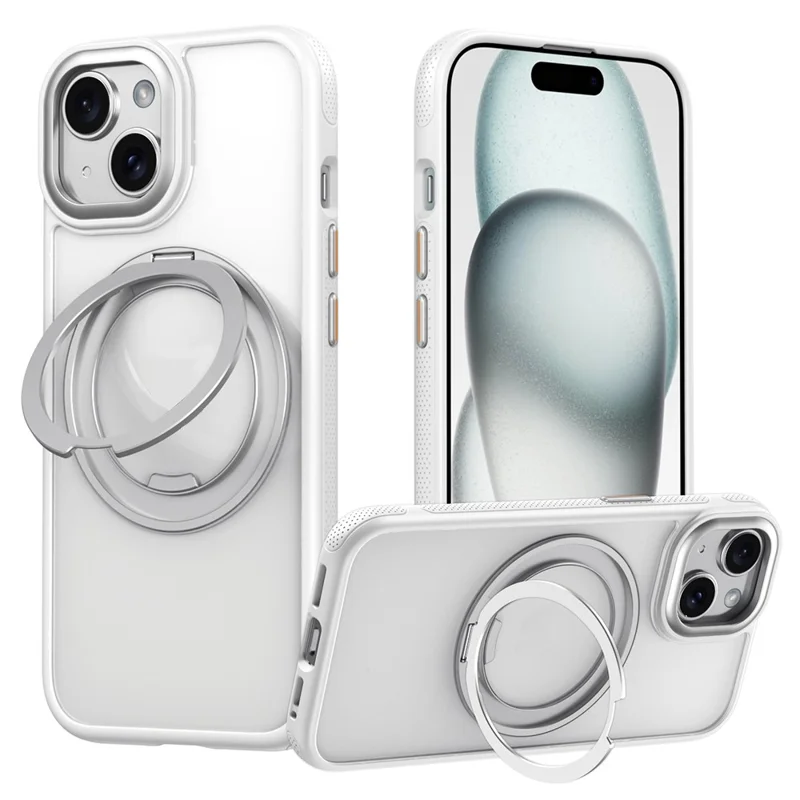 For iPhone 15 Magnetic Case Rotating Gear Pivot Kickstand PC + TPU Phone Back Cover - Matte White