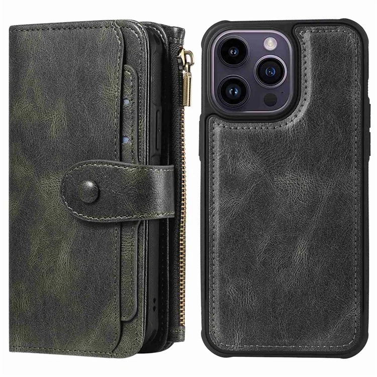 For iPhone 14 Pro Max Magnetic Case Detachable PU Leather Zipper Wallet Cover - Blackish Green