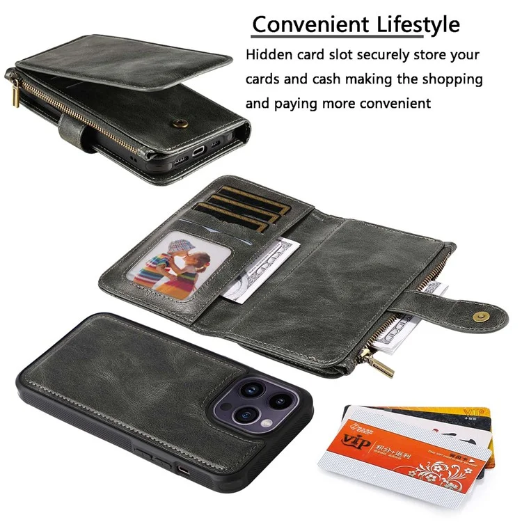 For iPhone 14 Pro Max Magnetic Case Detachable PU Leather Zipper Wallet Cover - Blackish Green