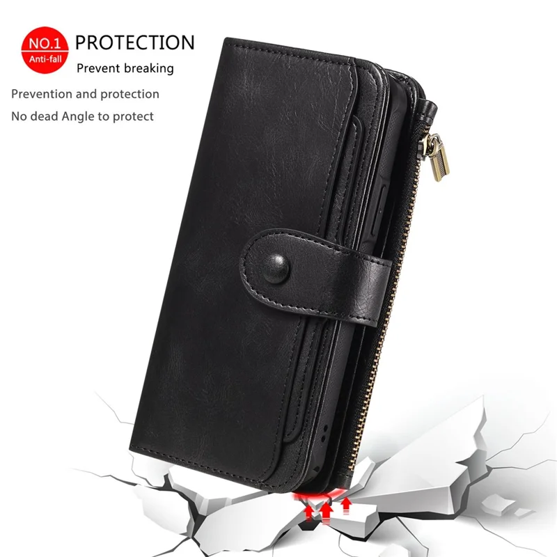For iPhone 14 Pro Max Magnetic Case Detachable PU Leather Zipper Wallet Cover - Black