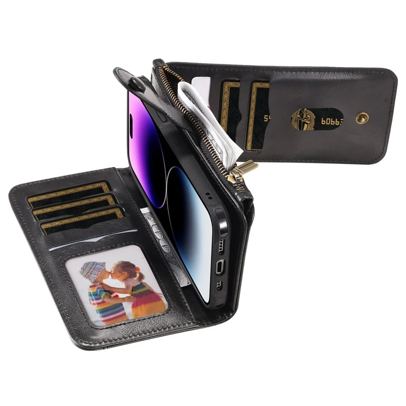 For iPhone 14 Pro Max Magnetic Case Detachable PU Leather Zipper Wallet Cover - Black