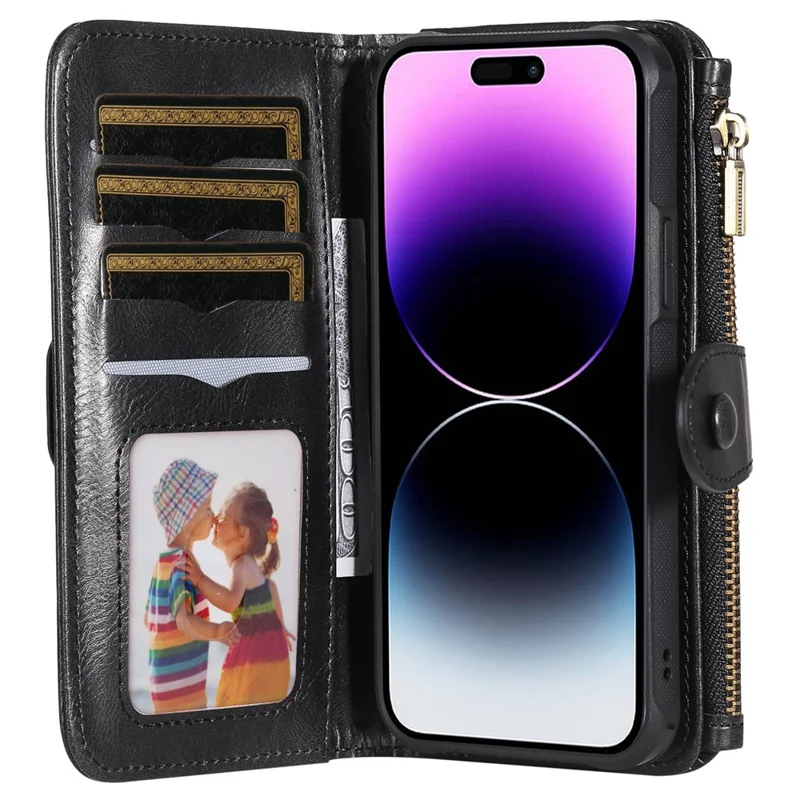 For iPhone 14 Pro Max Magnetic Case Detachable PU Leather Zipper Wallet Cover - Black