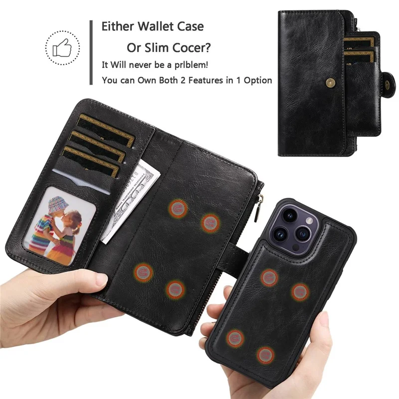 For iPhone 14 Pro Max Magnetic Case Detachable PU Leather Zipper Wallet Cover - Black