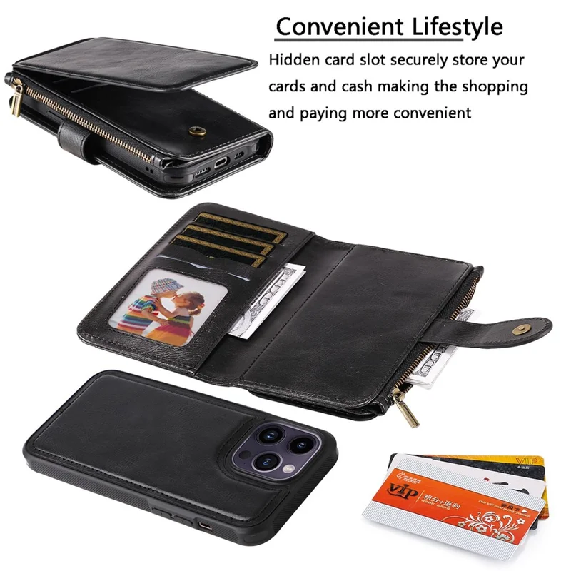 For iPhone 14 Pro Max Magnetic Case Detachable PU Leather Zipper Wallet Cover - Black