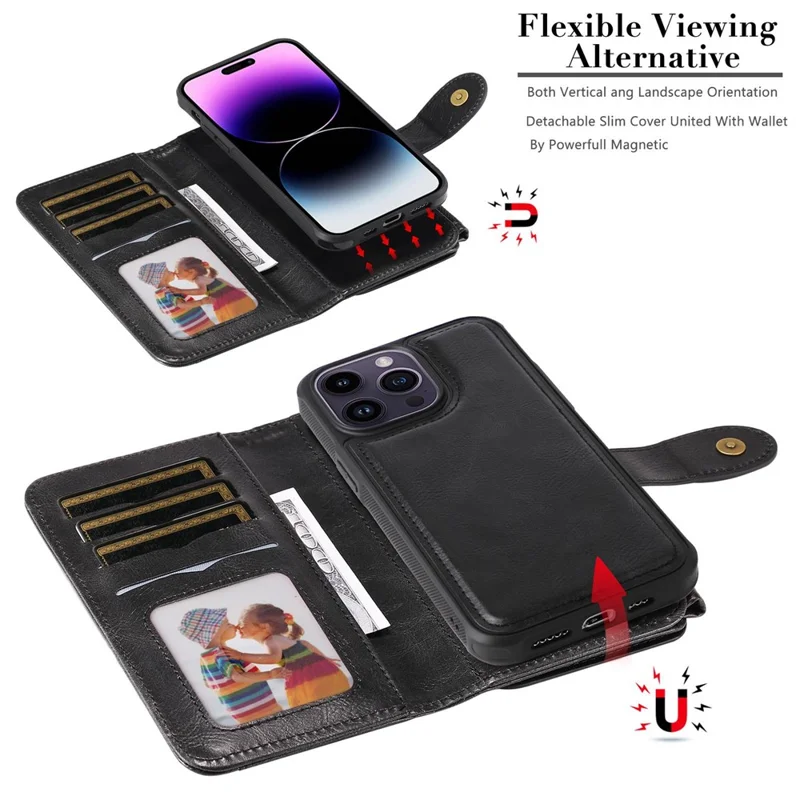 For iPhone 14 Pro Max Magnetic Case Detachable PU Leather Zipper Wallet Cover - Black