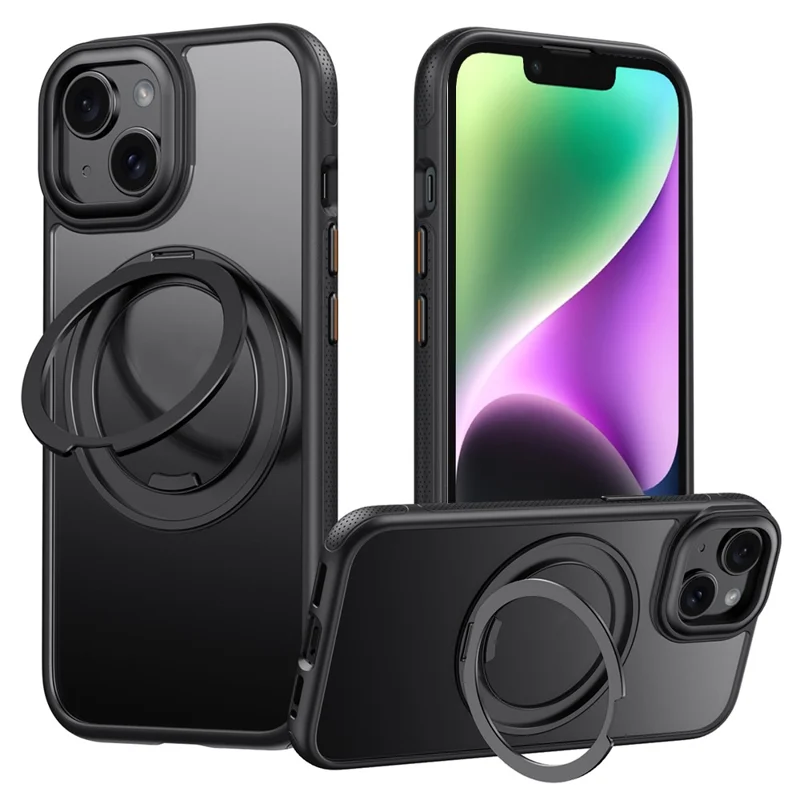 For iPhone 14  /  13 Magnetic Case Rotating Gear Pivot Kickstand PC + TPU Phone Back Cover - Matte Black