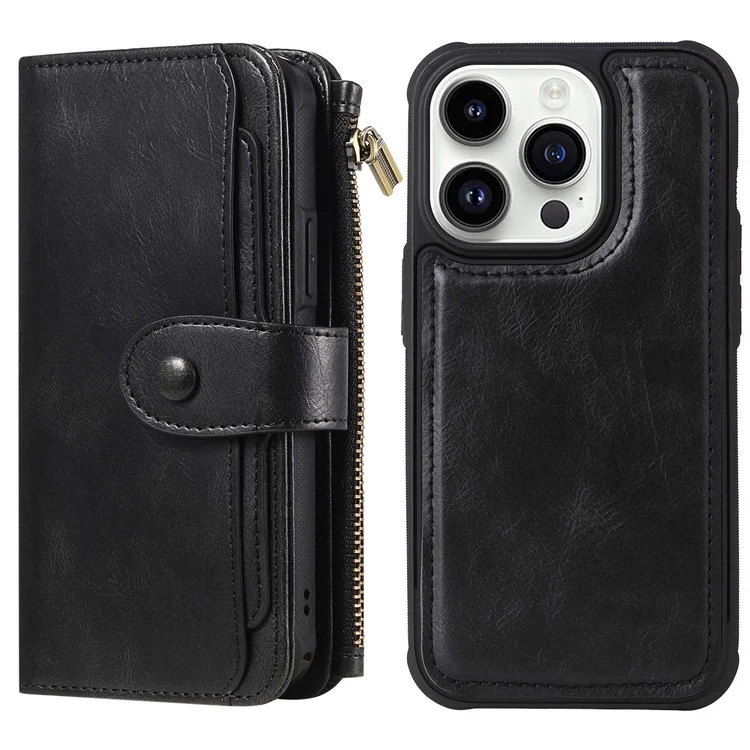 KT Serie Multifuncional-3 Para Iphone 14 Pro Multifunción Case de Teléfonos Policita de Bolsillo Retro Retro PU TPU TPU Teléfono Inner - Negro