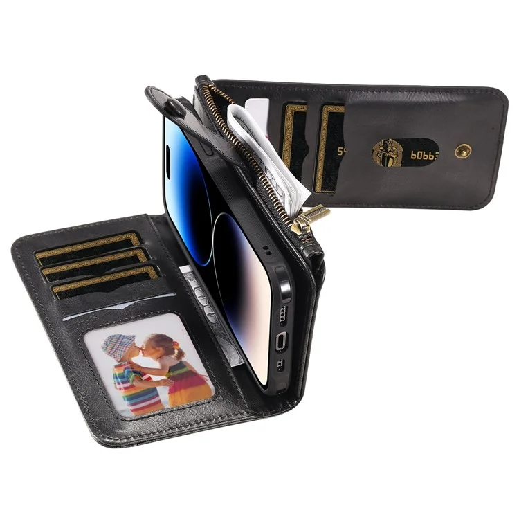 KT Serie Multifuncional-3 Para Iphone 14 Pro Multifunción Case de Teléfonos Policita de Bolsillo Retro Retro PU TPU TPU Teléfono Inner - Negro