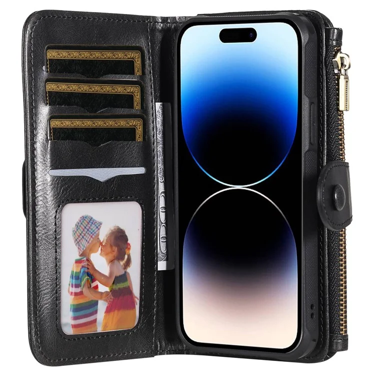 KT Serie Multifuncional-3 Para Iphone 14 Pro Multifunción Case de Teléfonos Policita de Bolsillo Retro Retro PU TPU TPU Teléfono Inner - Negro