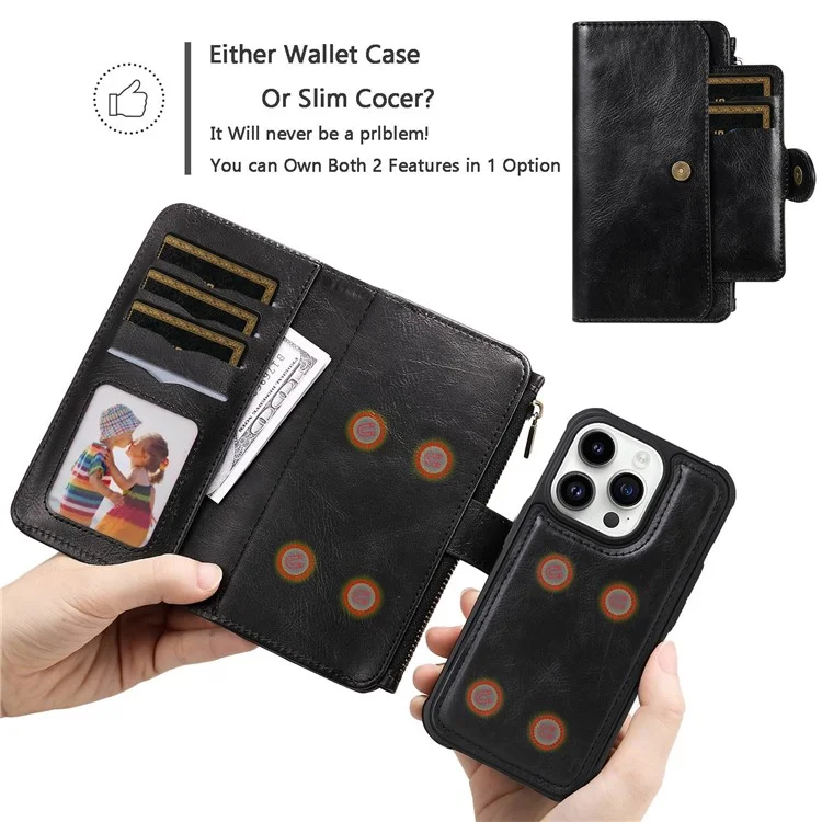 KT Serie Multifuncional-3 Para Iphone 14 Pro Multifunción Case de Teléfonos Policita de Bolsillo Retro Retro PU TPU TPU Teléfono Inner - Negro