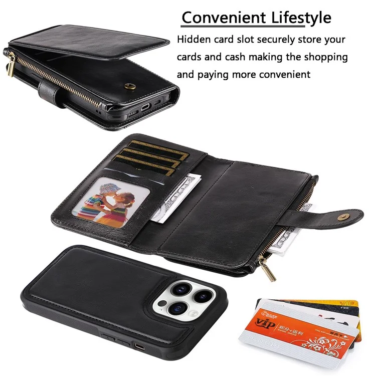 KT Serie Multifuncional-3 Para Iphone 14 Pro Multifunción Case de Teléfonos Policita de Bolsillo Retro Retro PU TPU TPU Teléfono Inner - Negro