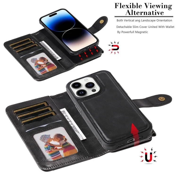 KT Serie Multifuncional-3 Para Iphone 14 Pro Multifunción Case de Teléfonos Policita de Bolsillo Retro Retro PU TPU TPU Teléfono Inner - Negro