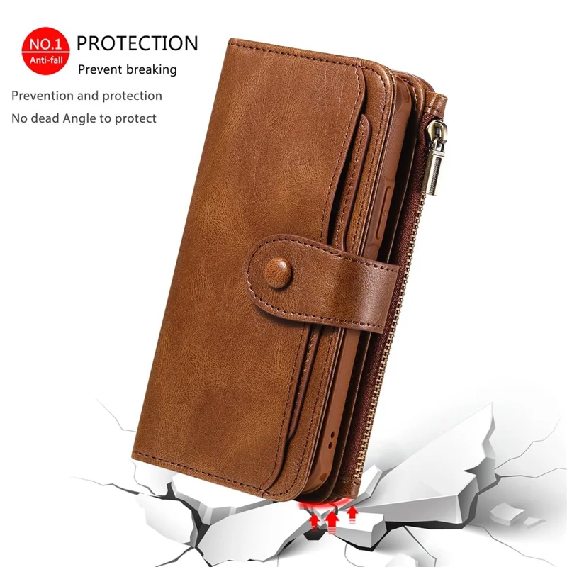 Магнитный чехол для iPhone 14 Pro, отсоединяемый чехол-кошелек с застежкой-молнией из искусственной кожи — коричневый