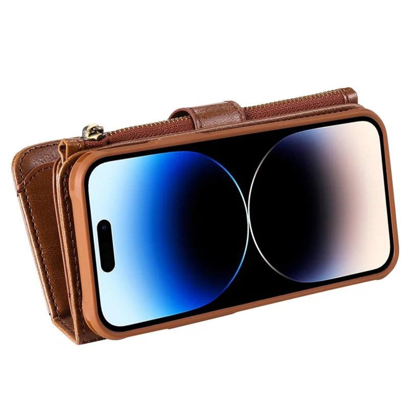 Магнитный чехол для iPhone 14 Pro, отсоединяемый чехол-кошелек с застежкой-молнией из искусственной кожи — коричневый