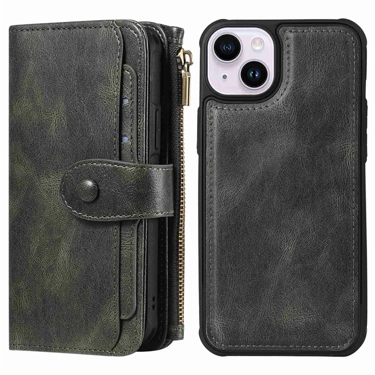 For iPhone 14 Magnetic Case Detachable PU Leather Zipper Wallet Cover - Blackish Green