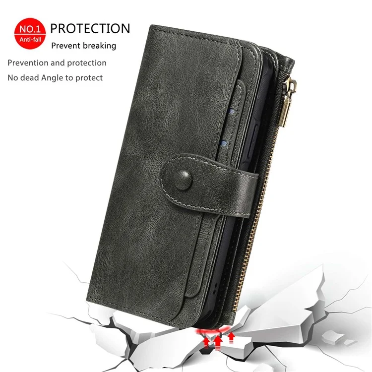 For iPhone 14 Magnetic Case Detachable PU Leather Zipper Wallet Cover - Blackish Green