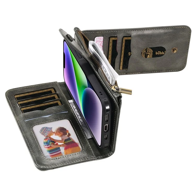 For iPhone 14 Magnetic Case Detachable PU Leather Zipper Wallet Cover - Blackish Green