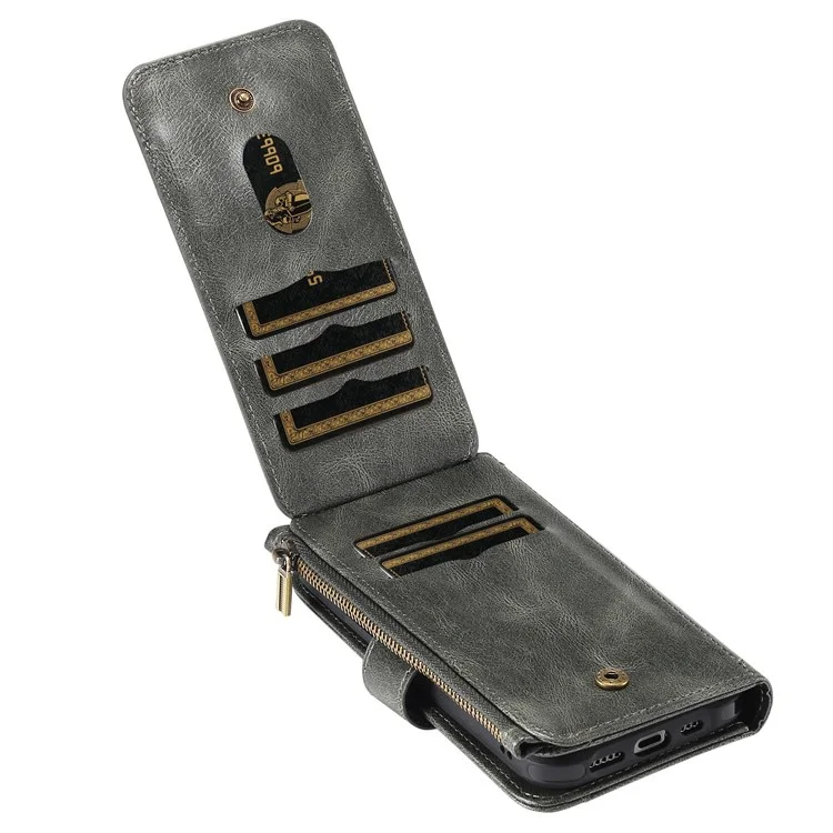 For iPhone 14 Magnetic Case Detachable PU Leather Zipper Wallet Cover - Blackish Green