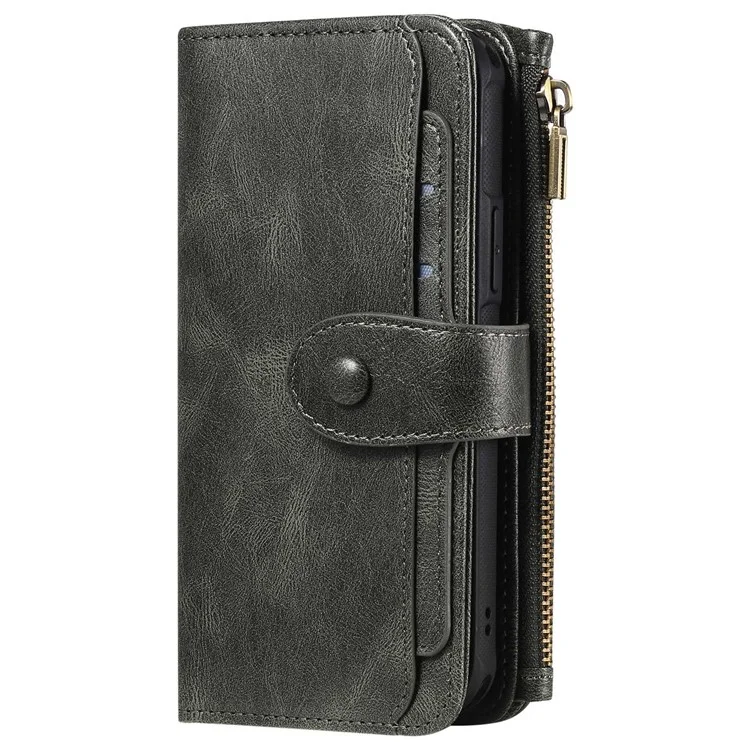 For iPhone 14 Magnetic Case Detachable PU Leather Zipper Wallet Cover - Blackish Green