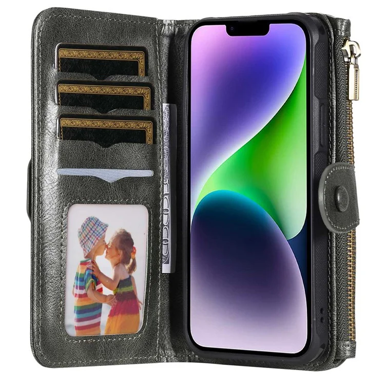 For iPhone 14 Magnetic Case Detachable PU Leather Zipper Wallet Cover - Blackish Green