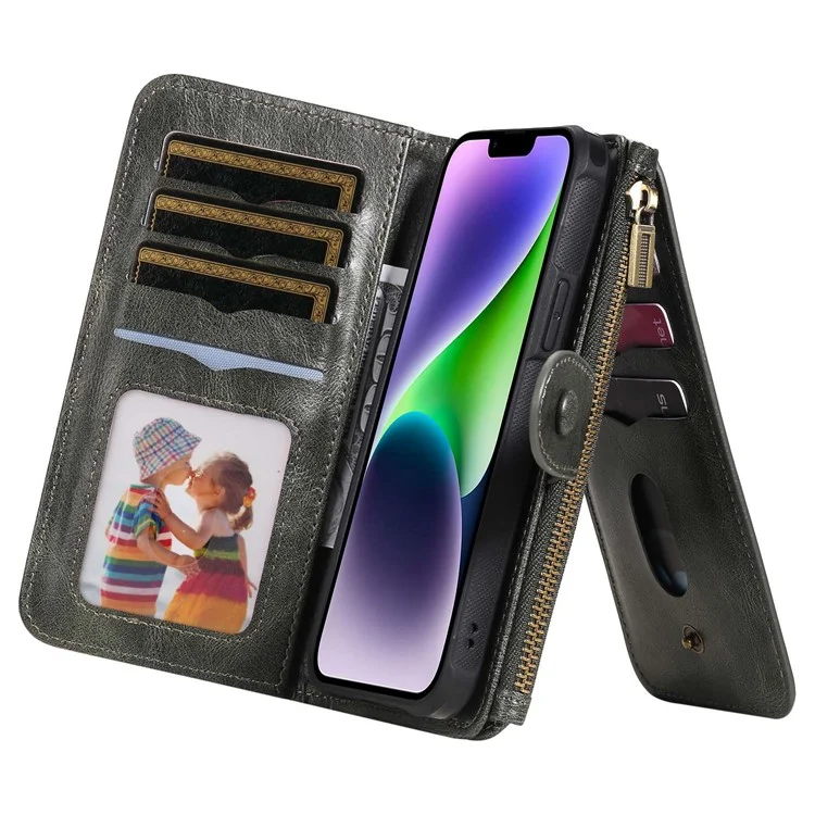 For iPhone 14 Magnetic Case Detachable PU Leather Zipper Wallet Cover - Blackish Green