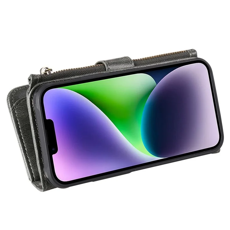 For iPhone 14 Magnetic Case Detachable PU Leather Zipper Wallet Cover - Blackish Green