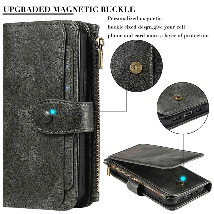 For iPhone 14 Magnetic Case Detachable PU Leather Zipper Wallet Cover - Blackish Green