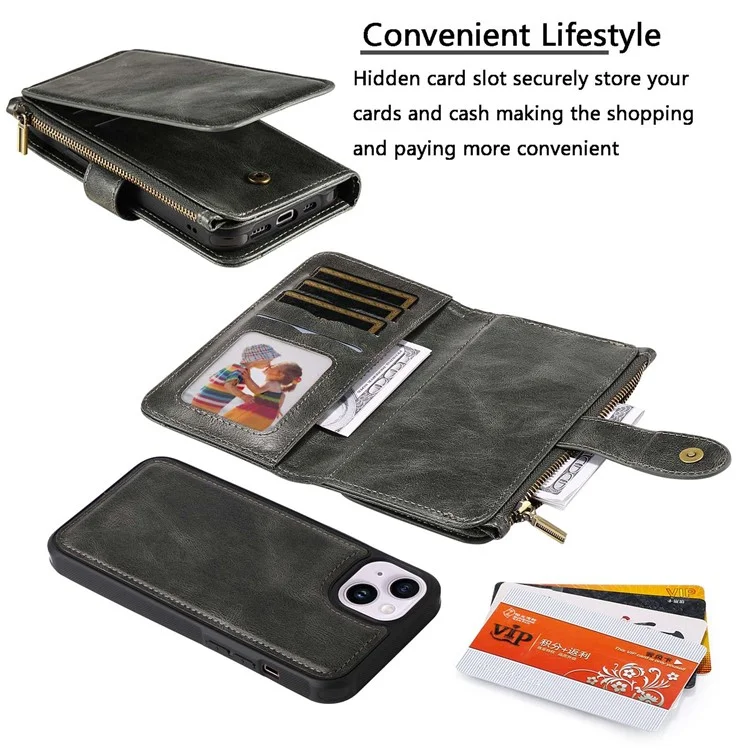 For iPhone 14 Magnetic Case Detachable PU Leather Zipper Wallet Cover - Blackish Green