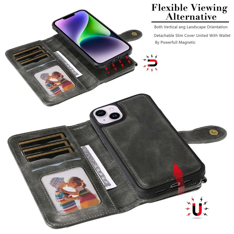 For iPhone 14 Magnetic Case Detachable PU Leather Zipper Wallet Cover - Blackish Green