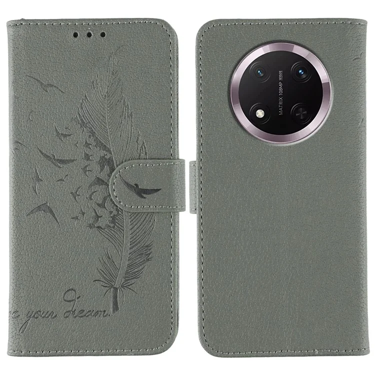 Phone Case For Honor Magic7 Lite 5G / X60 Pro 5G / X9c 5G Feather Imprint PU Leather Wallet Cover - Grey