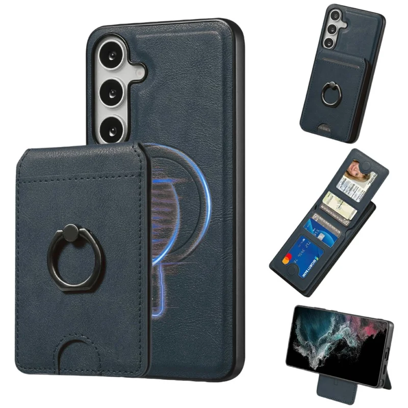 For Samsung Galaxy S25 Magnetic Case PC + PU Phone Back Cover with Detachable Card Holder - Blue