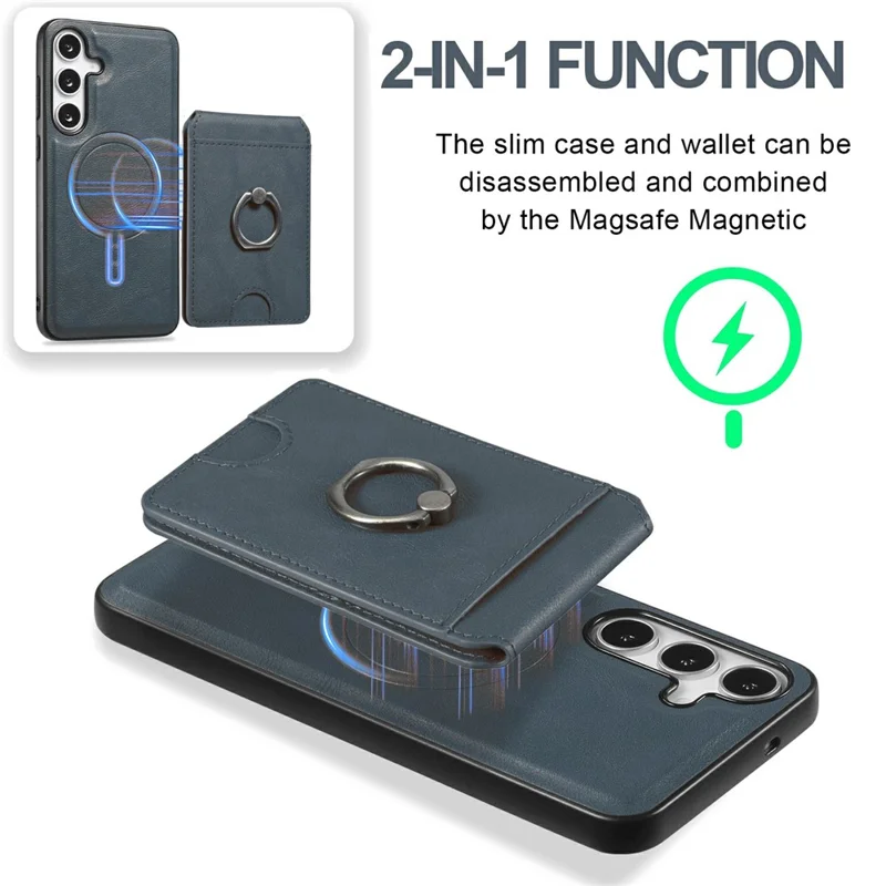 For Samsung Galaxy S25 Magnetic Case PC + PU Phone Back Cover with Detachable Card Holder - Blue
