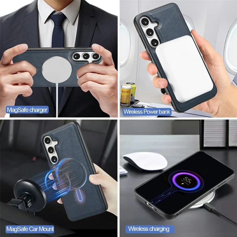 For Samsung Galaxy S25 Magnetic Case PC + PU Phone Back Cover with Detachable Card Holder - Blue