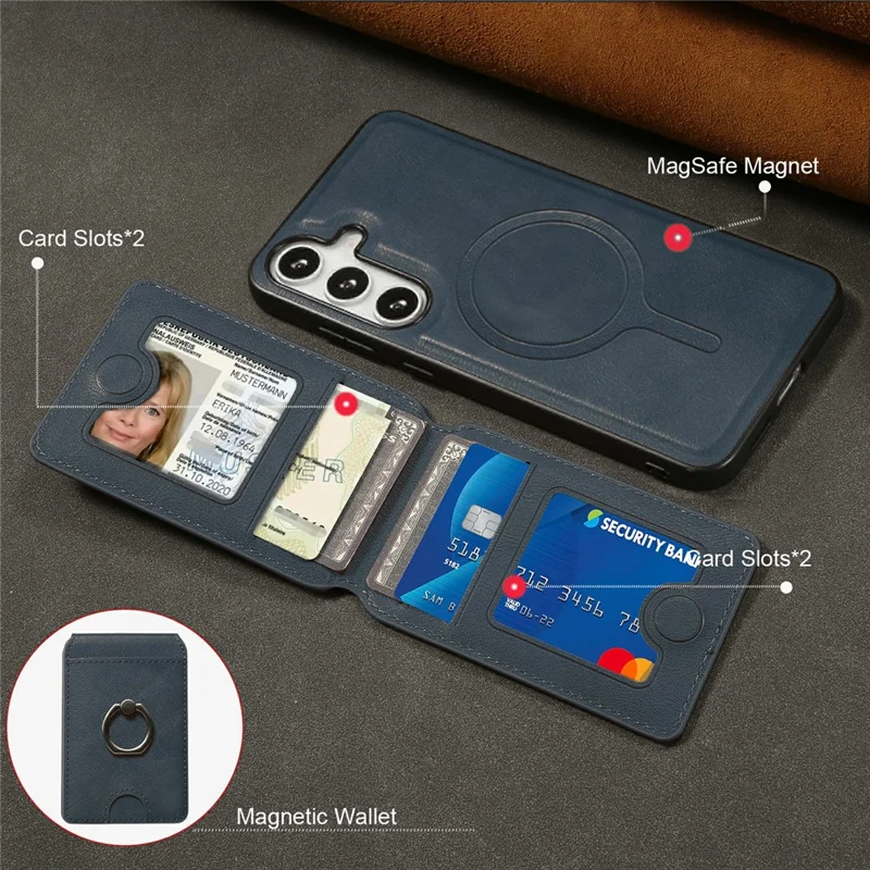 For Samsung Galaxy S25 Magnetic Case PC + PU Phone Back Cover with Detachable Card Holder - Blue
