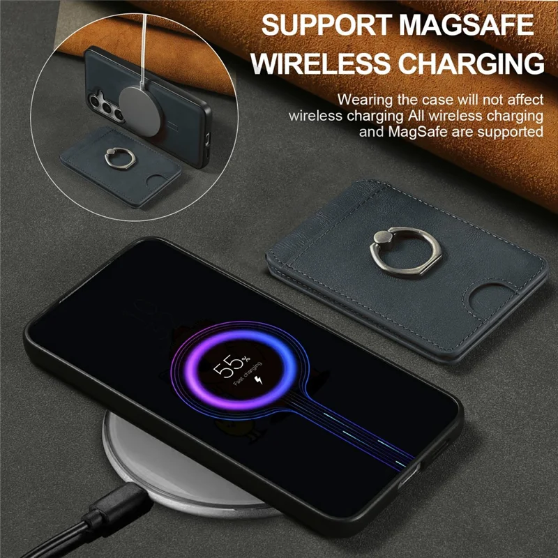 For Samsung Galaxy S25 Magnetic Case PC + PU Phone Back Cover with Detachable Card Holder - Blue