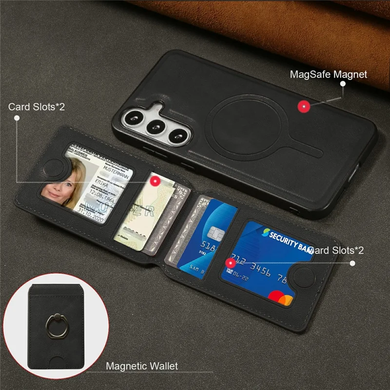 Voor Samsung Galaxy S25+ Magnetisch Hoesje PC + PU Telefoonhoes met Uitneembare Kaarthouder - Zwart