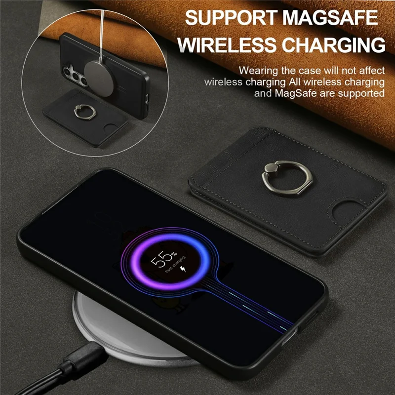 Voor Samsung Galaxy S25+ Magnetisch Hoesje PC + PU Telefoonhoes met Uitneembare Kaarthouder - Zwart