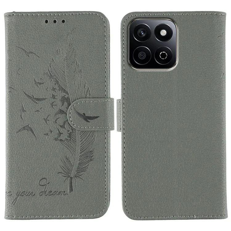 Phone Case For Honor X7c 4G / 200 Smart 5G / Play 60 Plus 5G / Play 9T Feather Imprint PU Leather Wallet Cover - Grey
