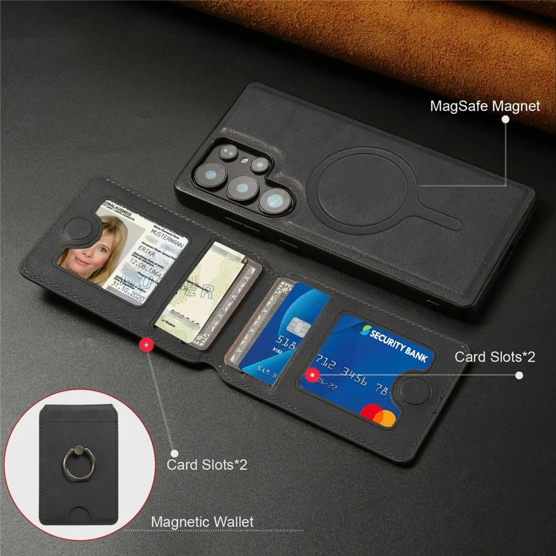 Per Samsung Galaxy S25 Ultra Cover Magnetico PC + PU con Porta Carte Staccabile - Nero