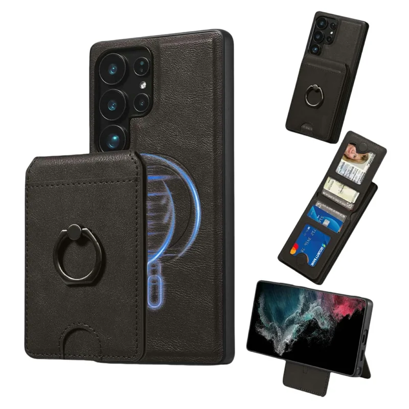 For Samsung Galaxy S24 Ultra Magnetic Case PC + PU Phone Back Cover with Detachable Card Holder - Black