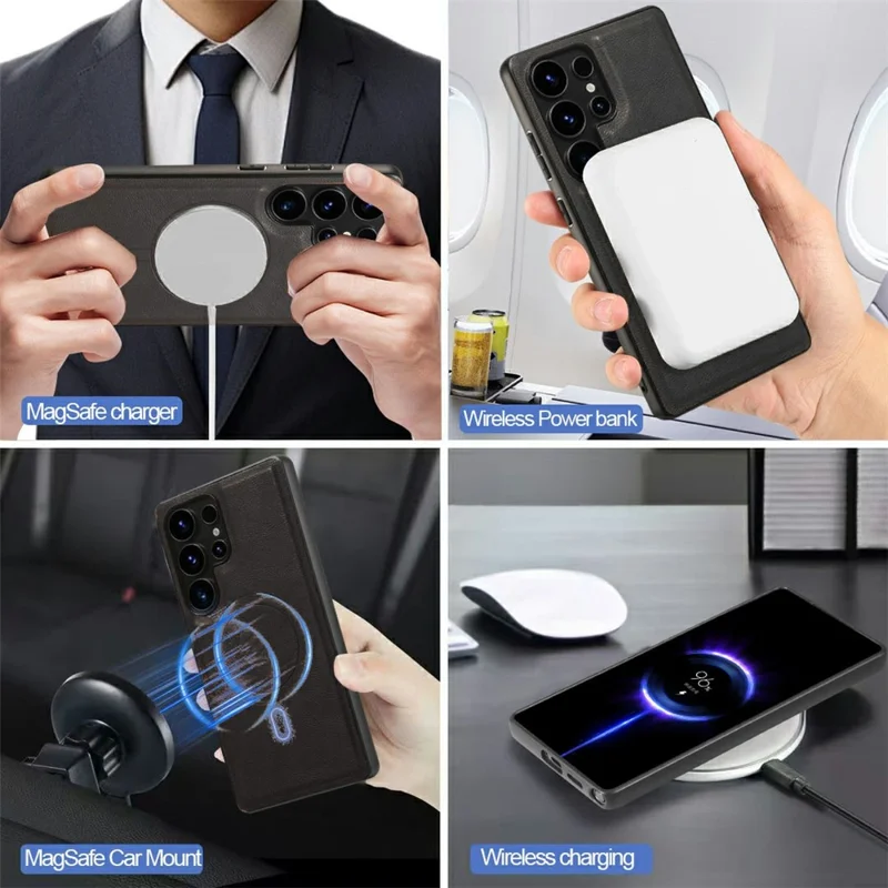 For Samsung Galaxy S24 Ultra Magnetic Case PC + PU Phone Back Cover with Detachable Card Holder - Black