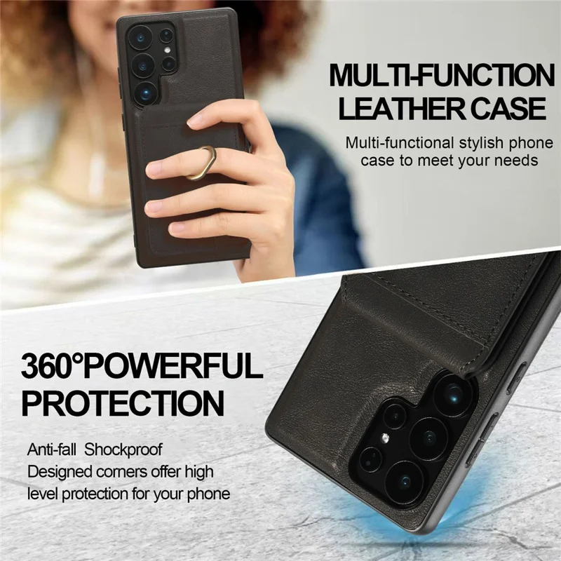For Samsung Galaxy S24 Ultra Magnetic Case PC + PU Phone Back Cover with Detachable Card Holder - Black