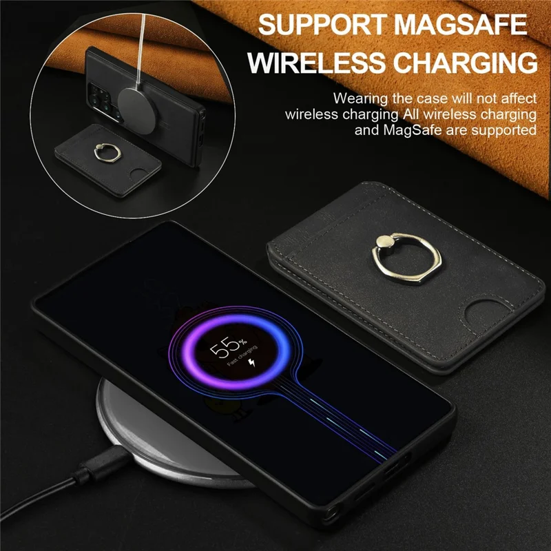 For Samsung Galaxy S24 Ultra Magnetic Case PC + PU Phone Back Cover with Detachable Card Holder - Black