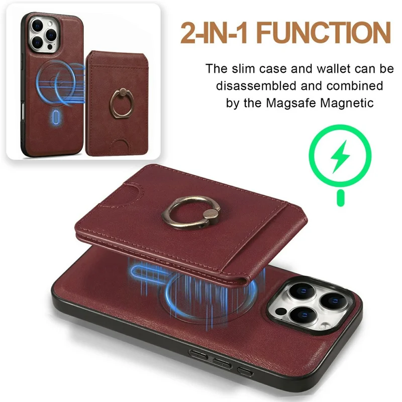 For iPhone 15 Pro Max Magnetic Case PC + PU Phone Back Cover with Detachable Card Holder - Red