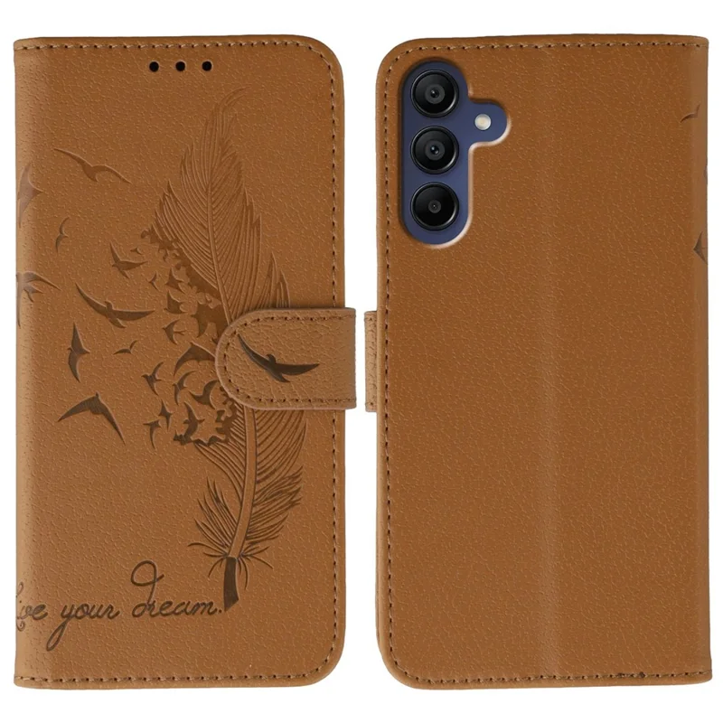 For Samsung Galaxy A15 4G / 5G Case Feather Imprint PU Leather Wallet Phone Cover - Brown