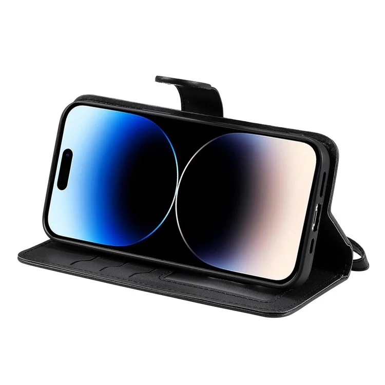 KT Leather Series-3 pour iPhone 14 Pro Étui magnétique amovible en cuir PU avec fonction de support Couleur unie Étui portefeuille pour téléphone avec sangle - Noir