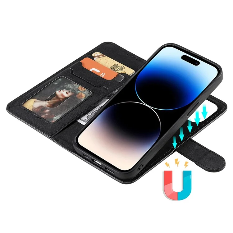 KT Leather Series-3 pour iPhone 14 Pro Étui magnétique amovible en cuir PU avec fonction de support Couleur unie Étui portefeuille pour téléphone avec sangle - Noir