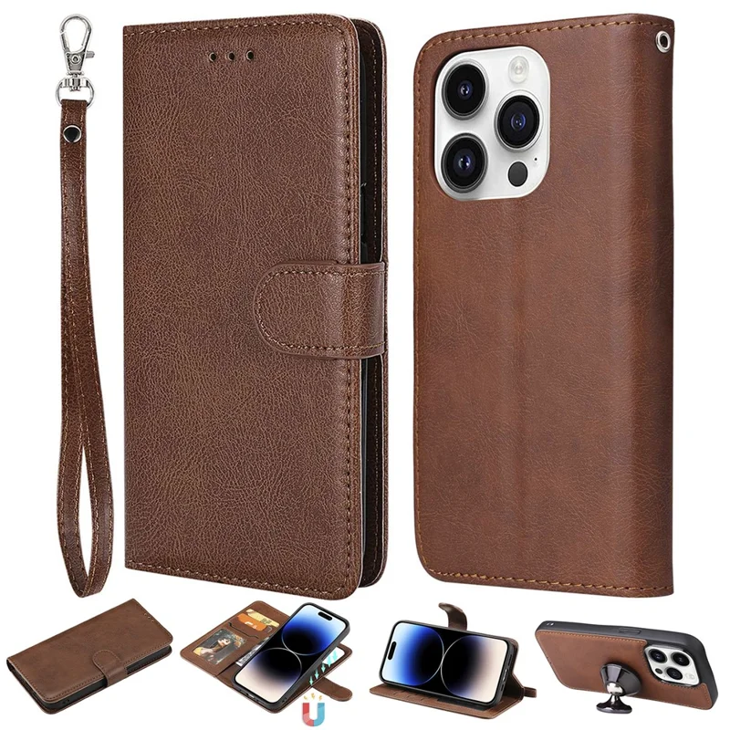 For iPhone 14 Pro Case 2 in 1 Detachable Magnetic Leather Wallet Mobile Cover with Strap - Brown