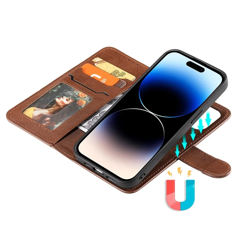 For iPhone 14 Pro Case 2 in 1 Detachable Magnetic Leather Wallet Mobile Cover with Strap - Brown